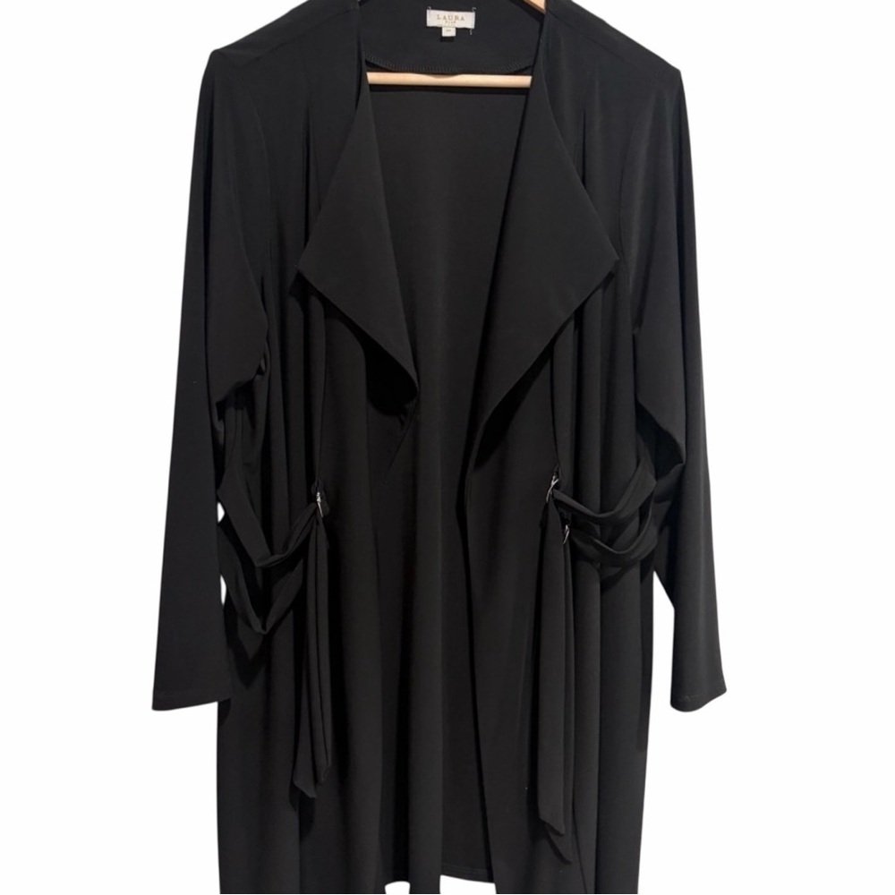 Laura Plus Black Draped Open Front Long Sleeve Cardigan with Tie Details